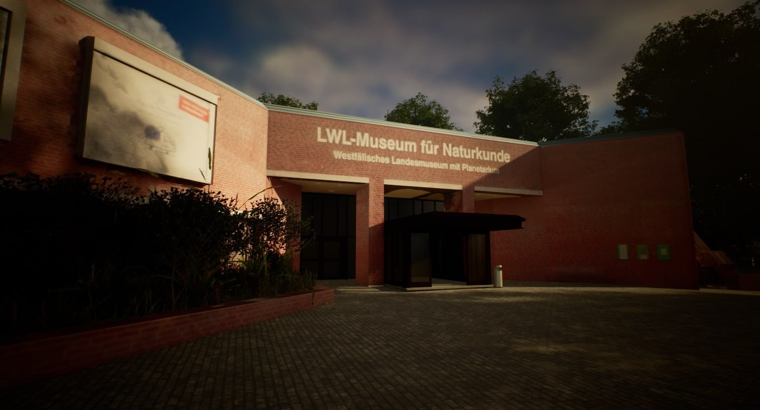 A closeby 3D render of the the LWL Naturkundemuseum entrance.