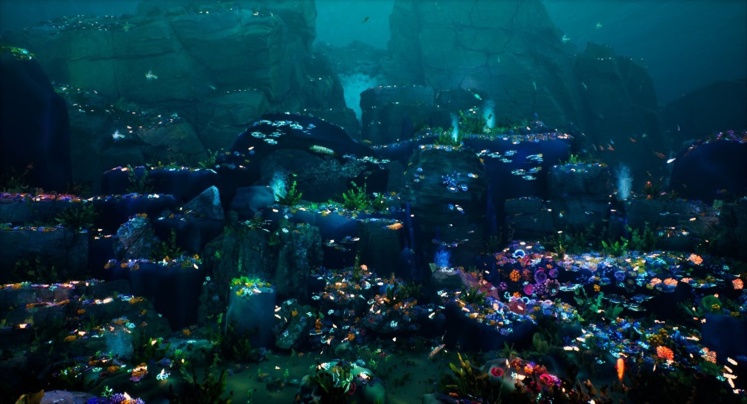 A 3D rendered underwater reef scene for the Nachts im Archiv game.