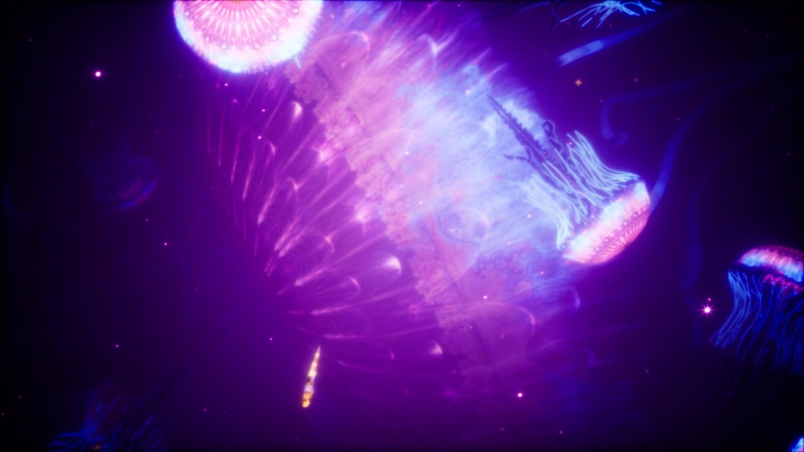 An underwater scene filled with glowing jellyfish and one gigantuan jellyfish in the center.