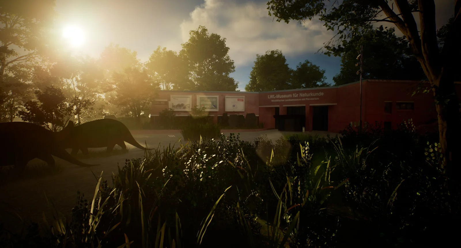 A 3D render of the outside of the LWL Naturkundemuseum in afternoon lighting.