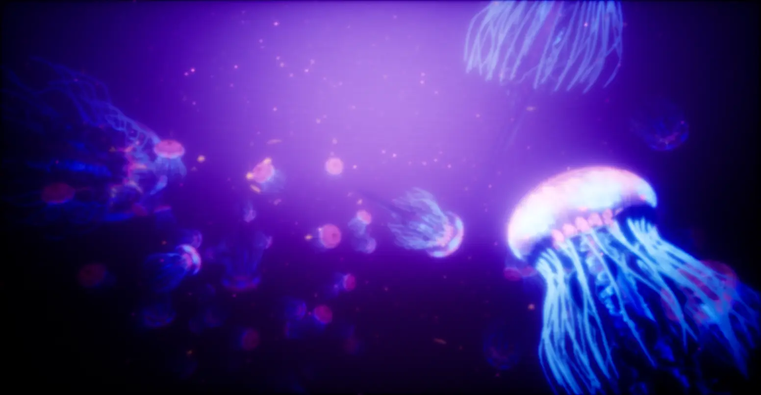 An underwater scene filled with glowing jellyfish.